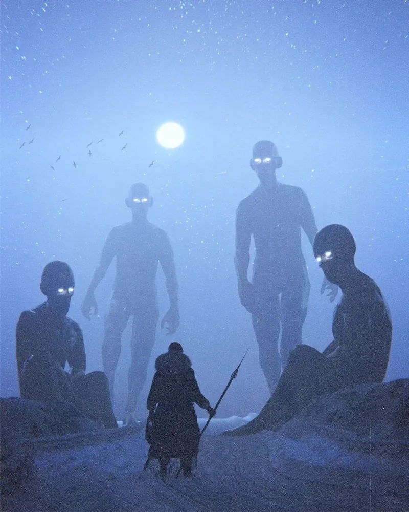 Giant figures with glowing eyes looming over a warrior