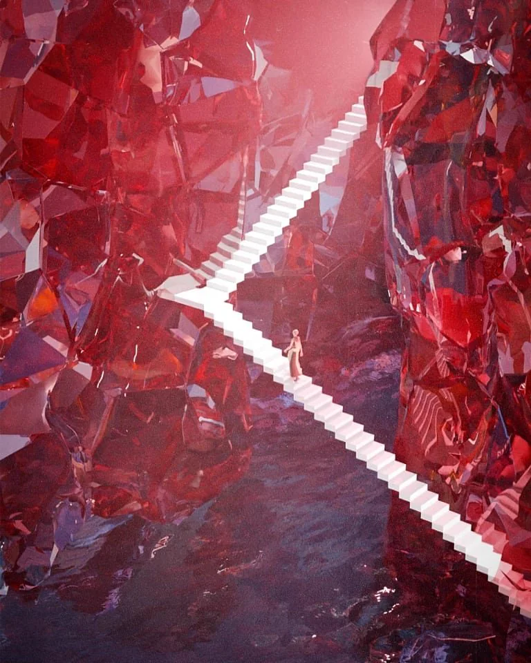 White stairs zig-zagging through red crystal cliffs