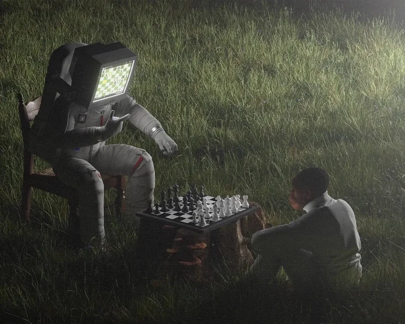 A TV-headed astronaut playing chess in a meadow