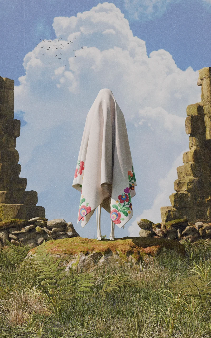 A figure under an embroidered sheet standing in ruins