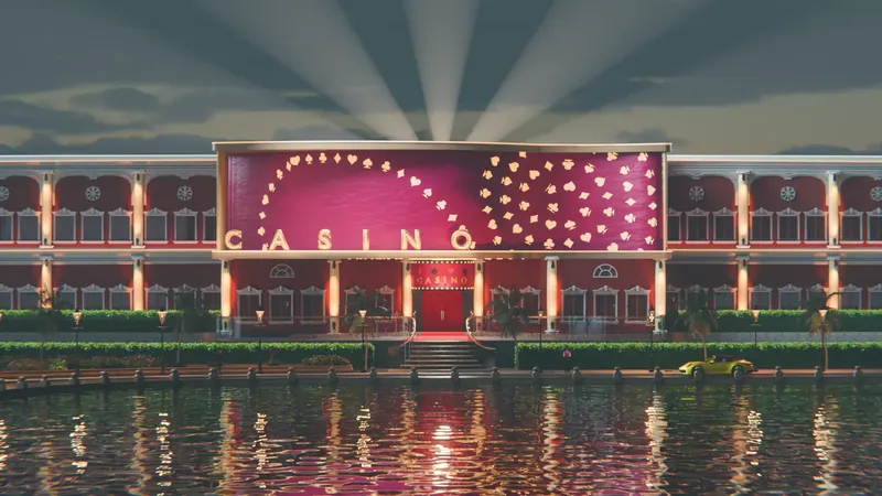 A neon-lit casino at night reflected in water