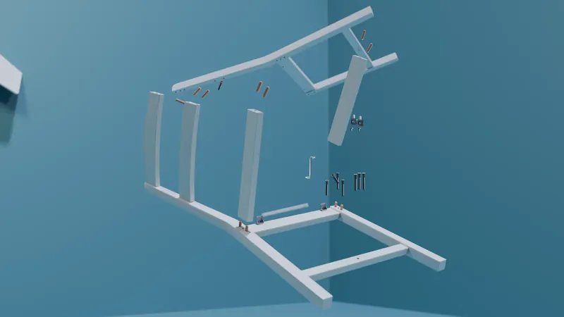 Parts of a white wooden chair floating in a blue room