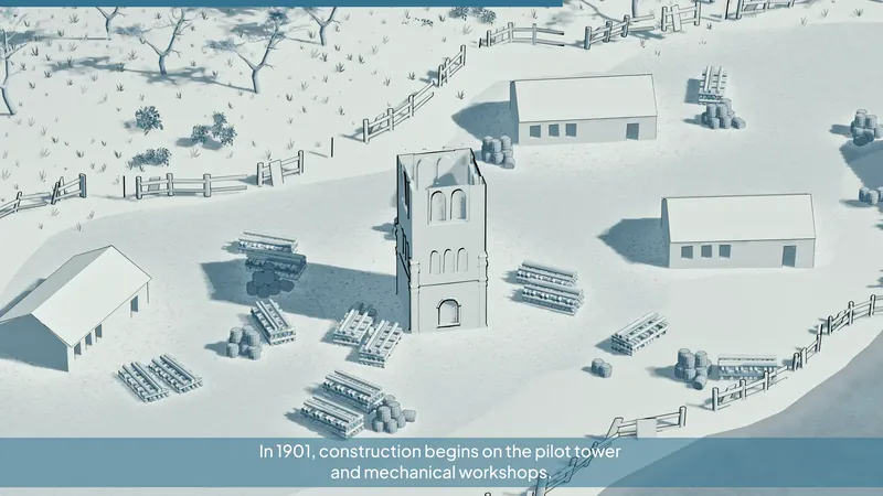 A stylised blue-toned harbour town with a sailing ship